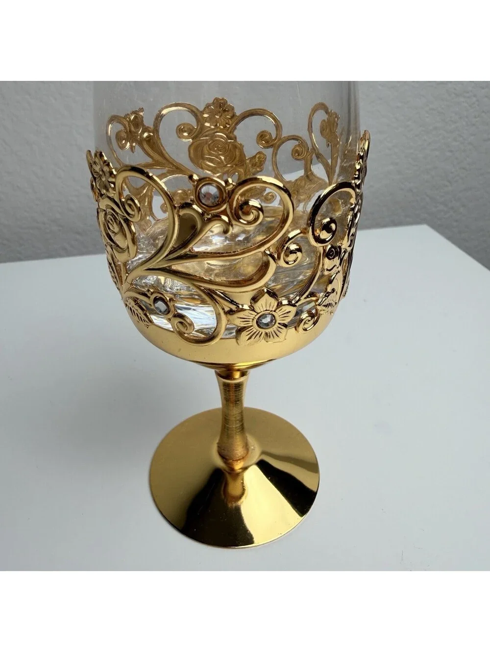 Gold Filigree Rhinestone Wine Goblet Floral Scrollwork Ornate Decorative Glass